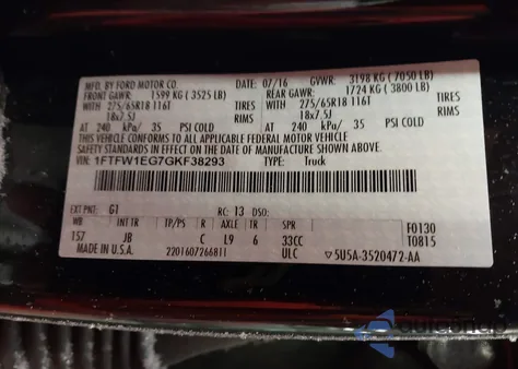 2016 Ford F-150 Xlt from USA, damaged, VIN 1FTFW1EG7GKF38293